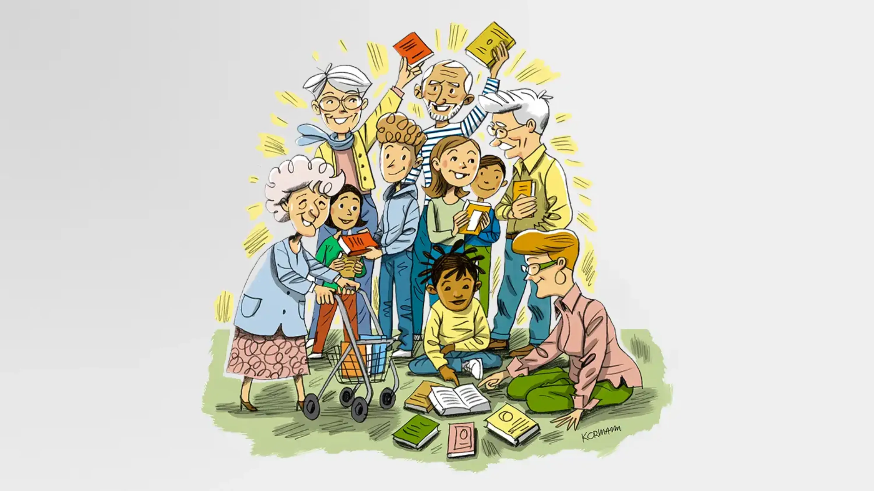 Eine Kinderzeichnung mit Kindern, Jugendlichen und älteren Menschen, die Bücher in den Händen halten.